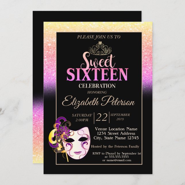 Glitter Bokeh, Tiara, Masquerade Sweet 16 Party Invitation (Front/Back)