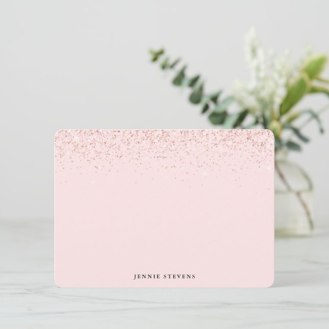 Glitter Border, Blush Pink Personalised Note Card (Standing Front)