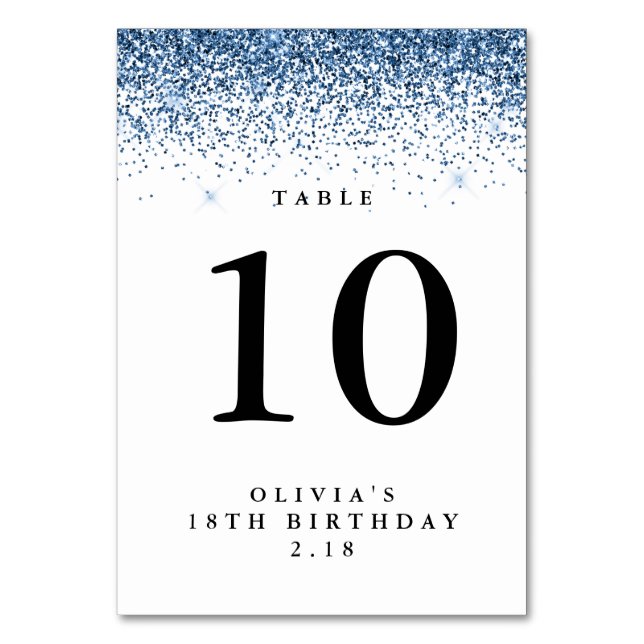 Glitter Border, Navy Blue and White Personalised Table Number (Front)