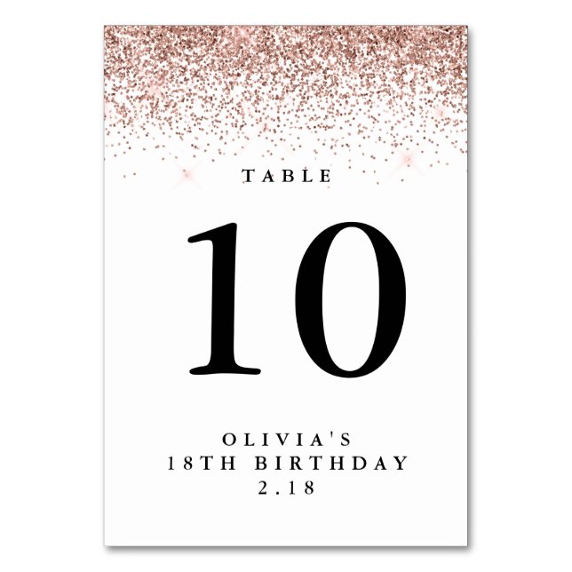 Glitter Border, Rose Gold and White Personalised Table Number (Front)