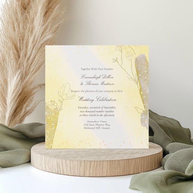 Glitter Botanical Radiant Yellow Square Wedding Invitation (Creator Uploaded)