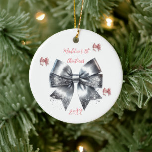 Glitter Bow Baby's First Christmas Ceramic Ornament