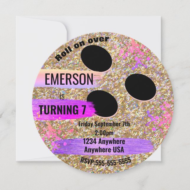 Glitter BOWLING BALL, bowling, Glow birthday party Invitation (Front)