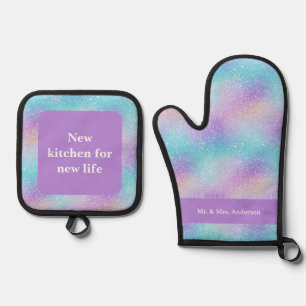 Glitter Bridal Blue And Purple Modern Fun Oven Mitt & Pot Holder Set