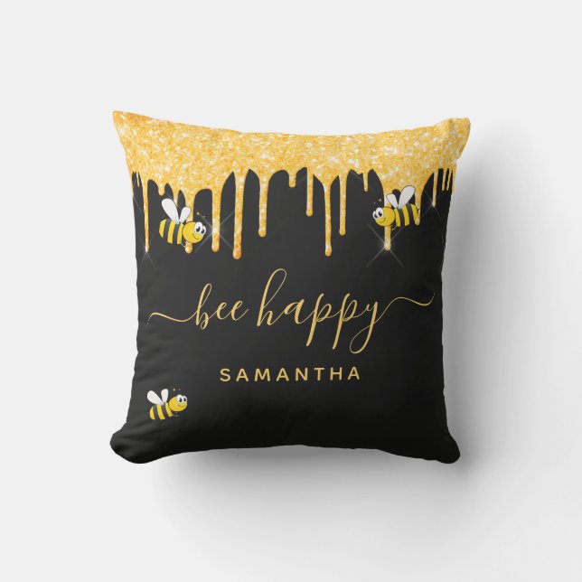 Glitter bumble bees be happy black gold monogram cushion (Front)