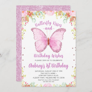 Glitter Butterfly Kisses Birthday Wishes Birthday Invitation