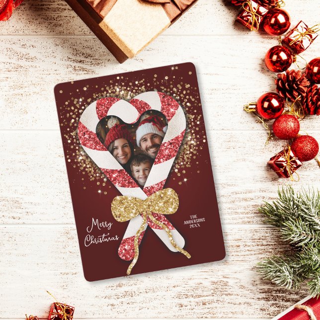 Glitter Candy Cane Frame Family Photo Christmas Invitation (glitter candy cane Christmas family photo frame)