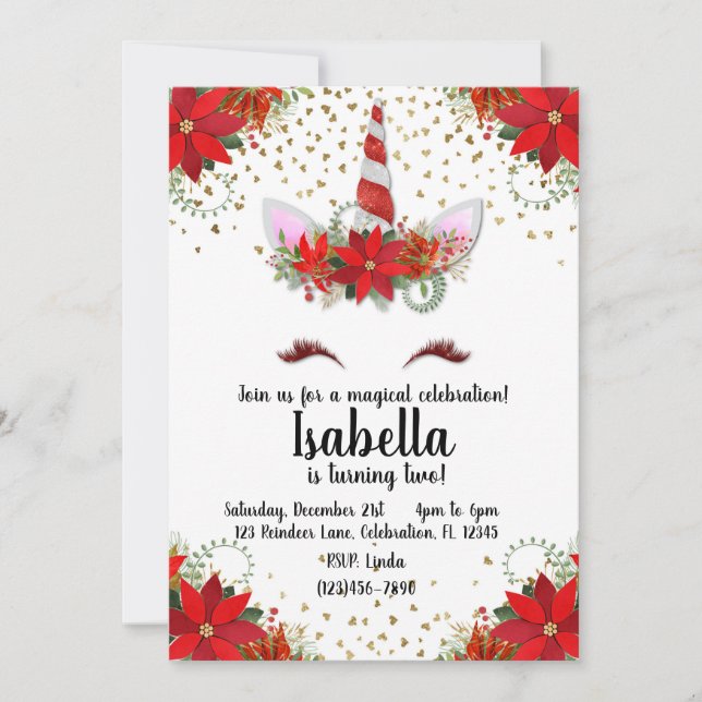 Glitter Candy Cane Unicorn Holiday Birthday Invitation (Front)