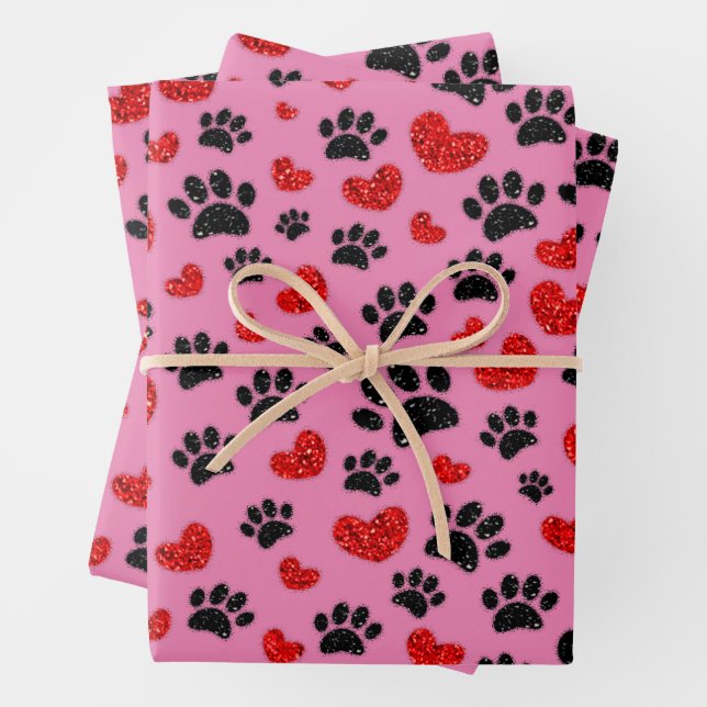 Glitter Cartoon Dog Paw Prints And Red Hearts Wrapping Paper Sheet (In situ)