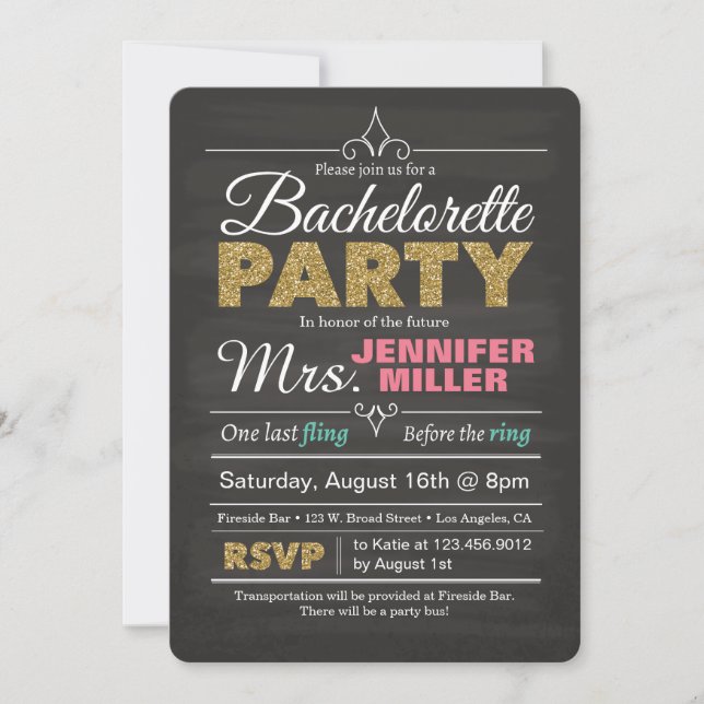 Glitter Chalkboard Bachelorette Party Invitation (Front)