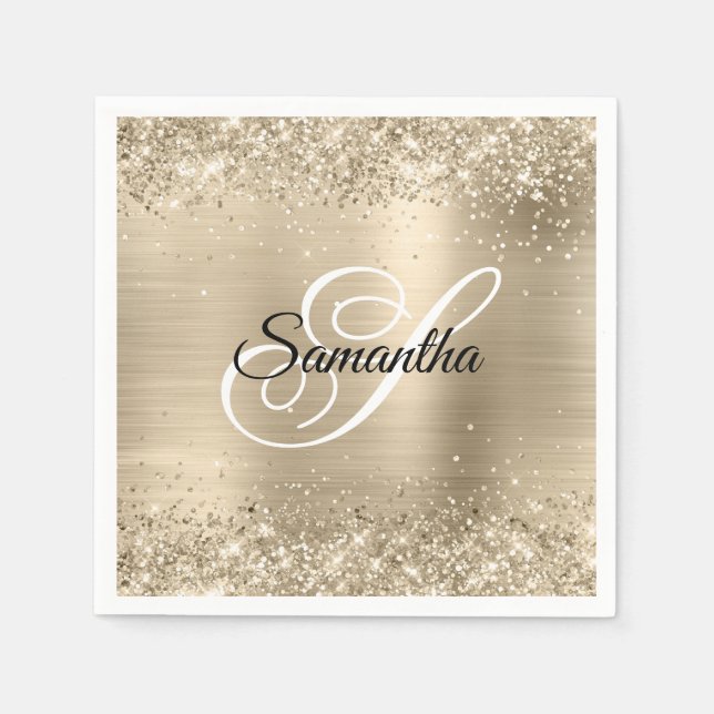 Glitter Champagne Foil Fancy Monogram Napkin (Front)
