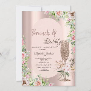 Glitter Champagne Glass Roses, Rose Gold Invitation