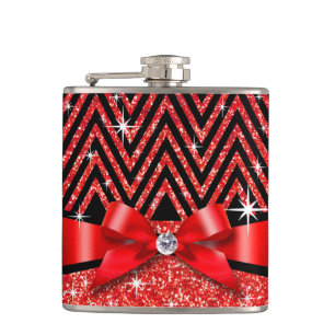 Glitter Chevron Bling Diamond Bow   red Hip Flask
