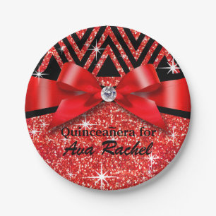 Glitter Chevron Bling Diamond Bow   red Paper Plate