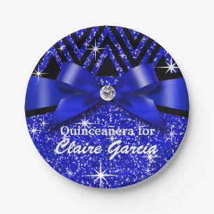 Glitter Chevron Bling Diamond Bow sapphire Paper Plate