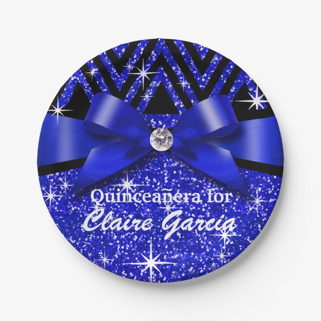 Glitter Chevron Bling Diamond Bow | sapphire Paper Plate (Front)