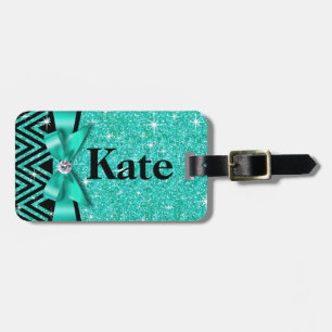 Glitter Chevron Bling Diamond Bow   teal Luggage Tag