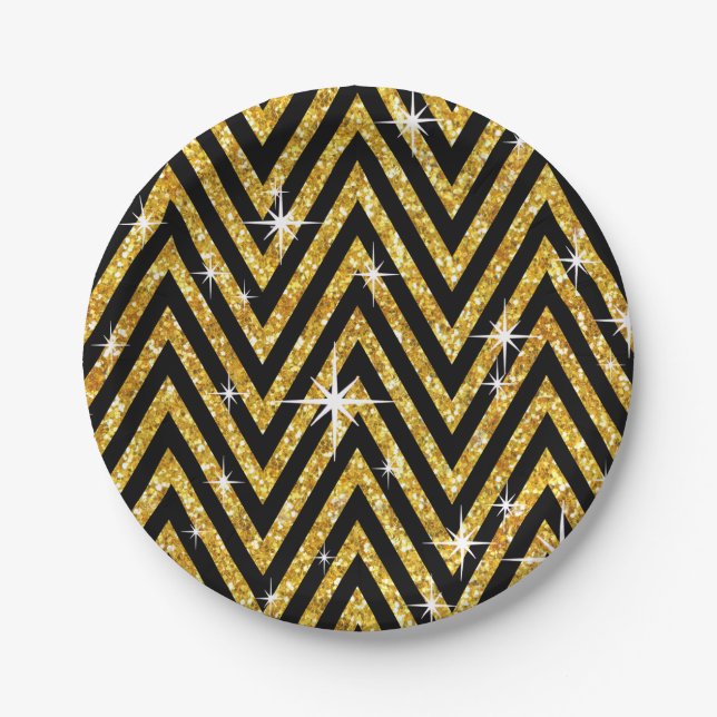 Glitter Chevron Bling Glam Party | gold Paper Plate (Front)