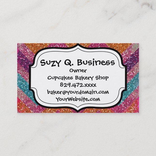 Glitter Chevron Pink Purple Orange Teal Business Card (Front)