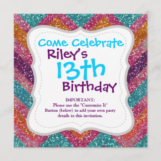 Glitter Chevron Pink Purple Orange Teal Invitation