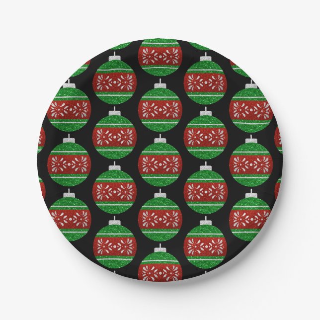 Glitter Christmas Ornament Pattern Paper Plate (Front)