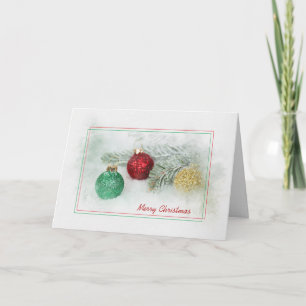 glitter Christmas ornaments and pine in snow Holiday Card