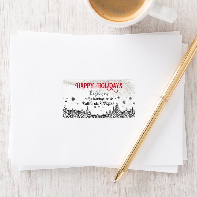 Glitter Christmas Trees Happy Holidays Label (Insitu)