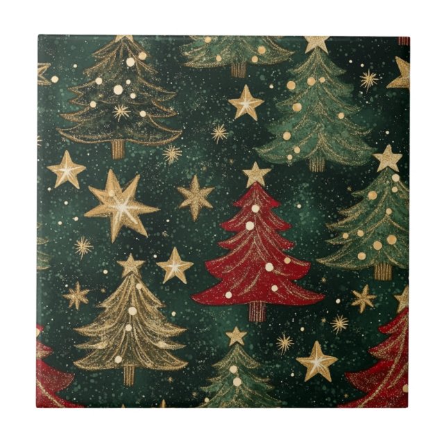 Glitter Christmas Trees & Stars (1) Ceramic Tile (Front)