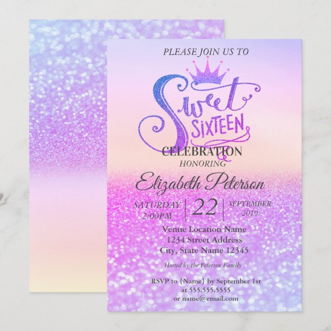 Glitter Colourful Bokeh Ombre,Tiara Sweet 16 Party Invitation (Front/Back)
