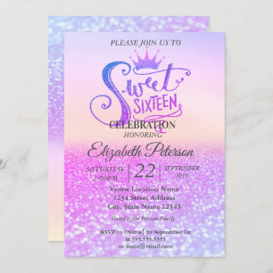 Glitter Colourful Bokeh Ombre,Tiara Sweet 16 Party Invitation