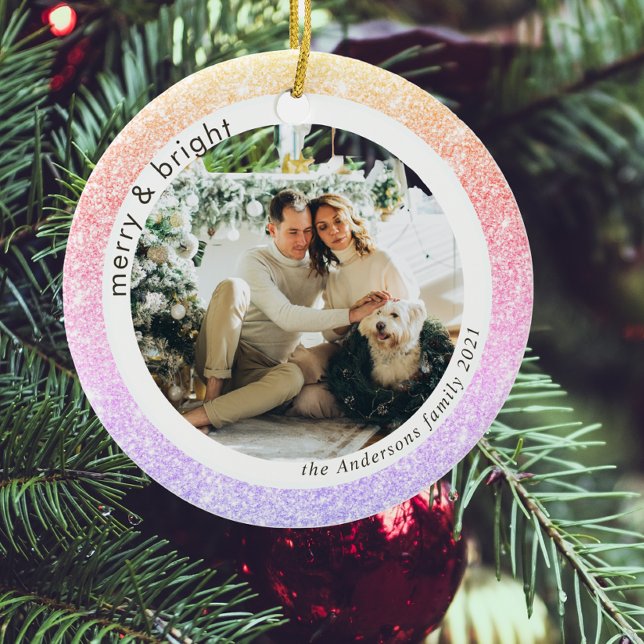 Glitter Colourful Family Photo | Merry And Bright Ceramic Ornament (Creator Uploaded)
