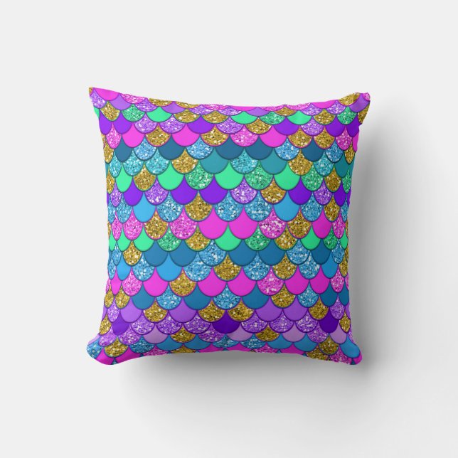 Glitter Colourful Multi-Coloured Mermaid Scales Cushion (Front)