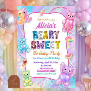 Glitter Colourful Rainbow Beary Sweet Birthday Invitation