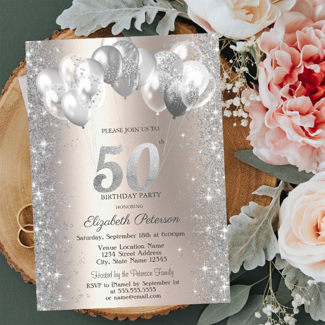  Glitter Confetti Balloons Champagne 50th Birthday Invitation (Creator Uploaded)