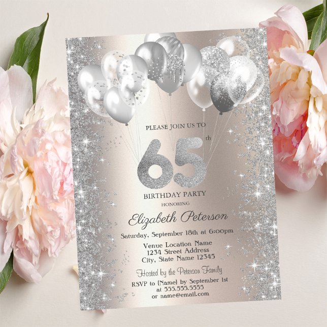  Glitter Confetti Balloons Champagne 65th Birthday Invitation (Creator Uploaded)