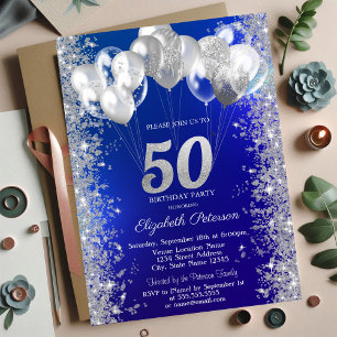 Glitter Confetti Balloons Navy Blue 50th Birthday Invitation