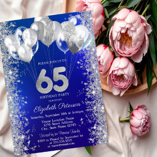  Glitter Confetti Balloons Navy Blue 65th Birthday Invitation