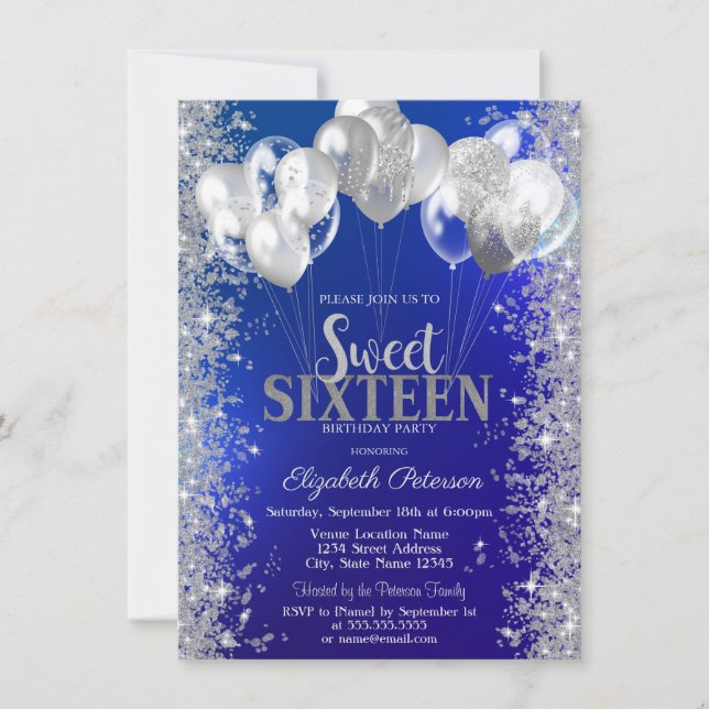  Glitter Confetti Balloons Navy Blue Sweet 16 Invitation (Front)