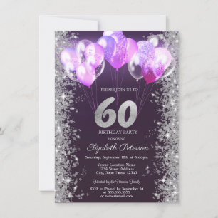 Glitter Confetti Balloons Purple 60th Birthday Invitation