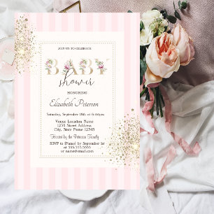 Glitter Confetti Dust Pink Striped Baby Shower Invitation