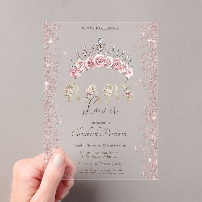 Glitter Confetti Floral Crown Baby Shower Acrylic Invitations (Insitu (Handheld))