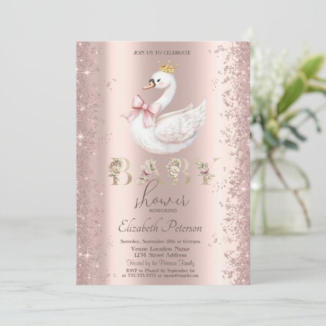 Glitter Confetti Floral Swan Bow Baby Shower Invitation (Standing Front)
