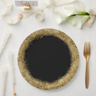 Glitter Confetti Gold and Black Circle Paper Plate