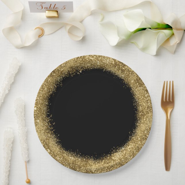 Glitter Confetti | Gold and Black Circle Paper Plate (Wedding)
