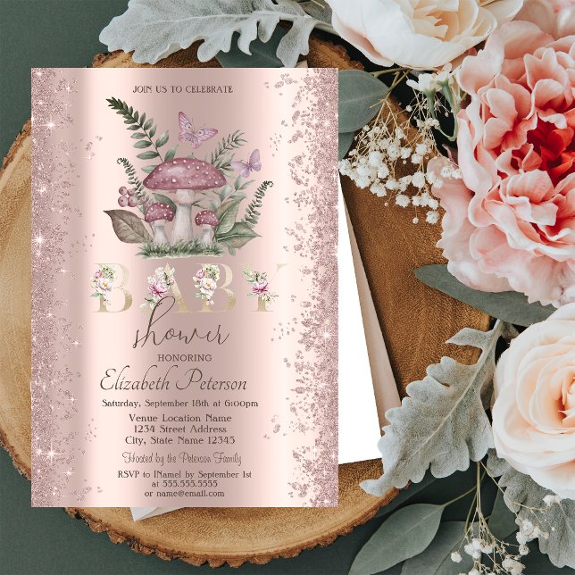 Glitter Confetti Mushrooms Butterflies Baby Shower Invitation (Creator Uploaded)