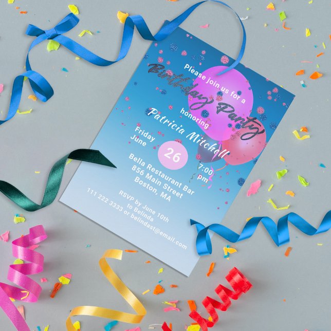 Glitter Confetti On Blue Pink Balloons Birthday Invitation (Creator Uploaded)