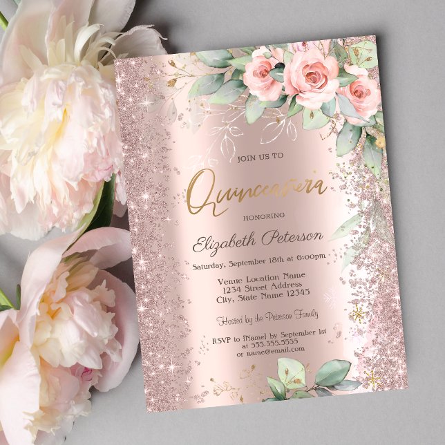 Glitter Confetti Rose Gold Roses Quinceanera Invitation (Creator Uploaded)