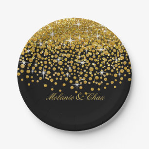 Glitter Confetti Shower   gold black Paper Plate