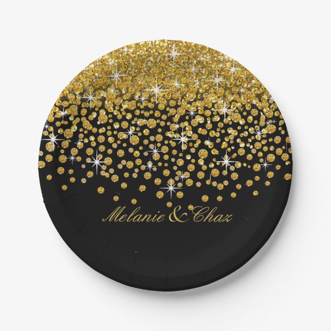 Glitter Confetti Shower | gold black Paper Plate (Front)