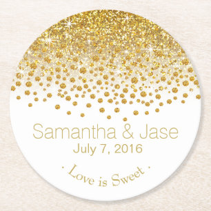 Glitter Confetti Shower Party gold white Round Paper Coaster